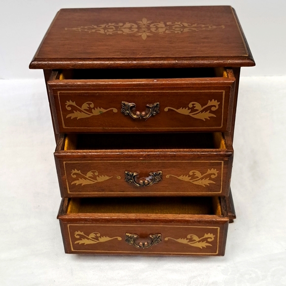 - Vintage 3 drawer wood armoire style jewelry box with metal pull handles - Picture 2 of 9